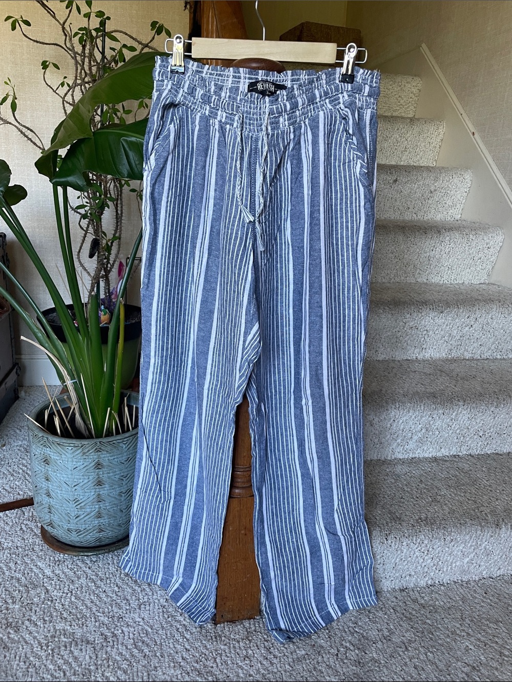Rewash Linen Blue and White Striped Drawstring Wide Leg Beach Pants